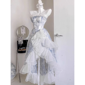 Niulatu High Low Strapless Floor Length Light Blue Flowers Prom Dresses Birthday Dress SD467